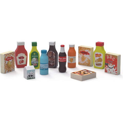 Wooden Beverage & Food Set Kids | Pretend Play Kitchen Role Play Toy