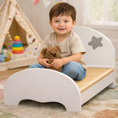 Kids Wooden Bed Moon & Stars | Montessori Toddler Bed Solid Wood