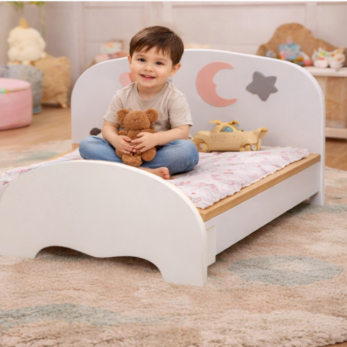 Kids Wooden Bed Moon & Stars | Montessori Toddler Bed Solid Wood