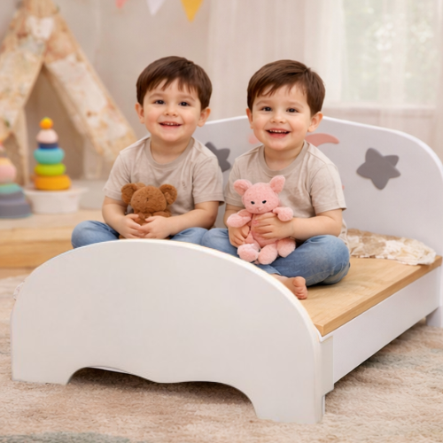 Kids Wooden Bed Moon & Stars | Montessori Toddler Bed Solid Wood