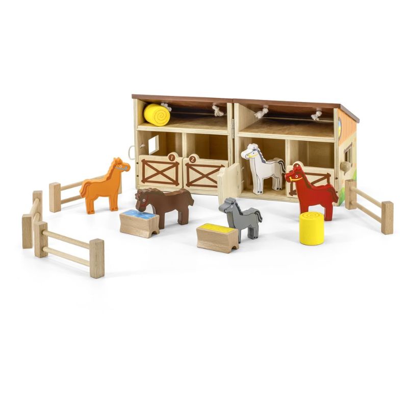 Foldable Stable Wooden Toy Set | Horse Farm Pretend Play Set for Kids 3+