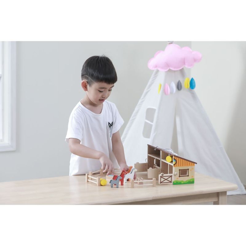 Foldable Stable Wooden Toy Set | Horse Farm Pretend Play Set for Kids 3+
