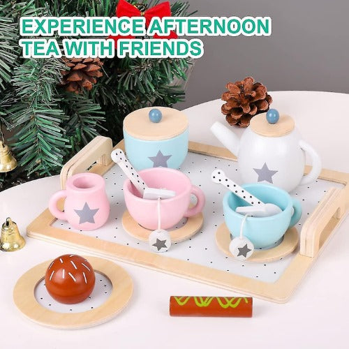 Wooden Afternoon Tea Set (15 Pcs) | Kids Pretend Play Tea Party Toy Set