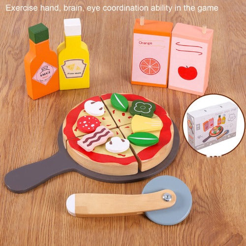 Danish Noble Wooden Pizza Toy Set | Kids Pretend Play Kitchen Food Cutting Set