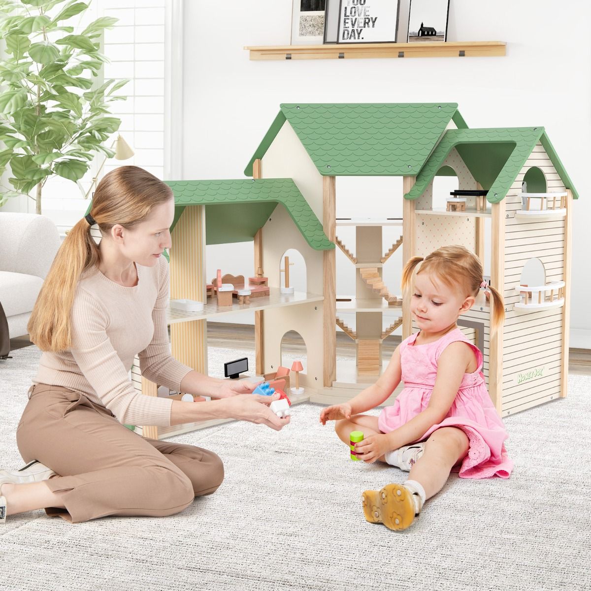 Wooden Doll House 6 Rooms Kids | 36 Accessories Pretend Play Dollhouse Set