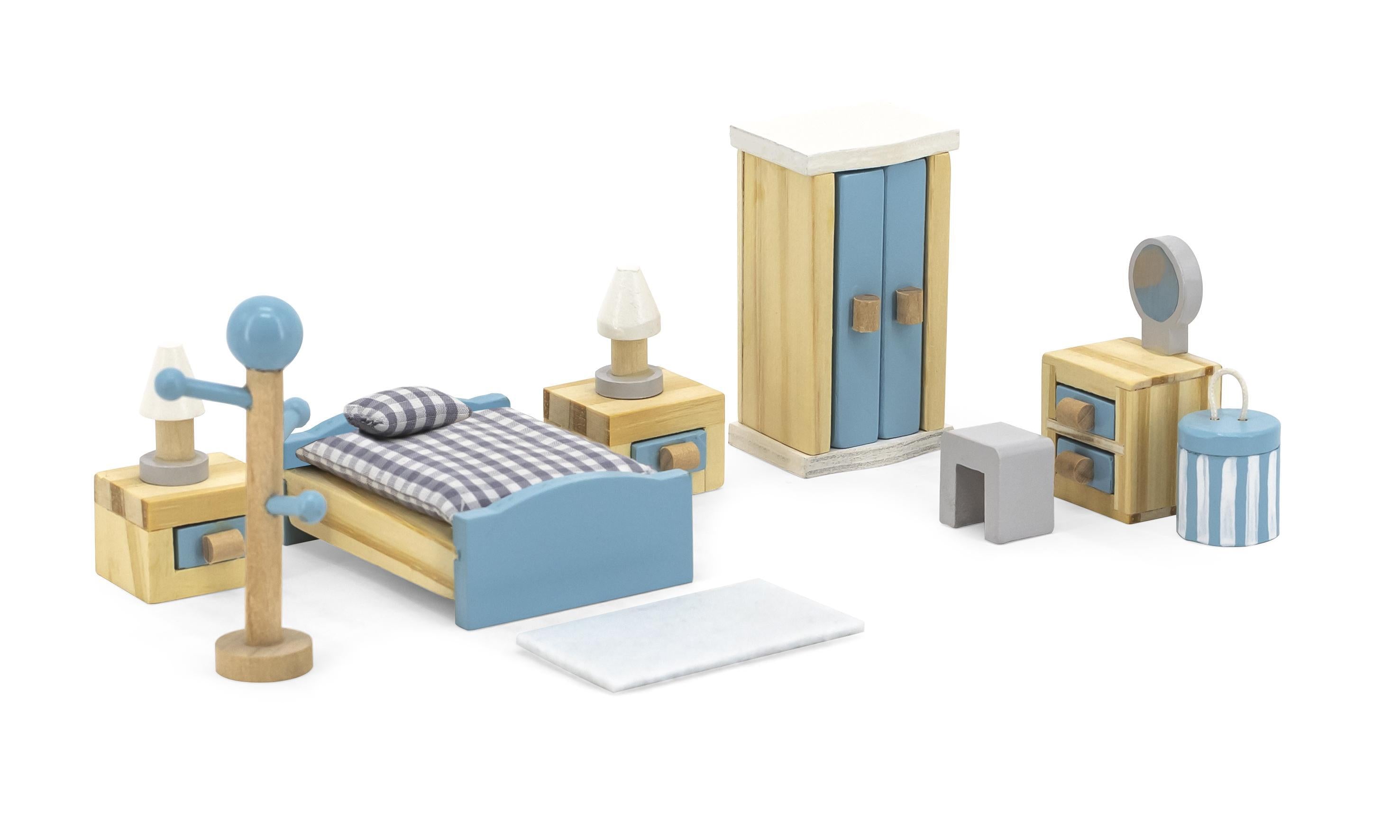 Doll House Wooden Bedroom Furniture Set 20pcs | Master Bedroom Mini Playset Kids