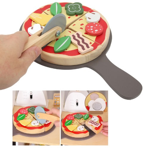 Danish Noble Wooden Pizza Toy Set | Kids Pretend Play Kitchen Food Cutting Set