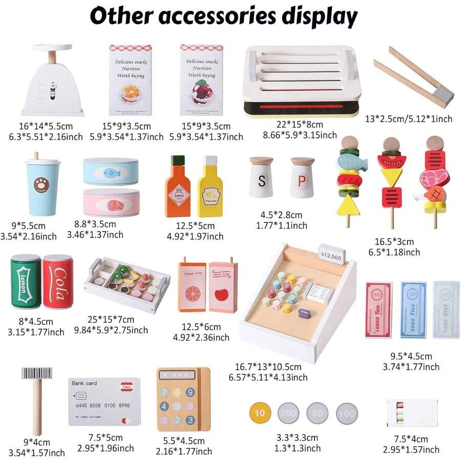 Wooden Snack Food Cart for Kids | Grocery Store Pretend Play Set with Accessories