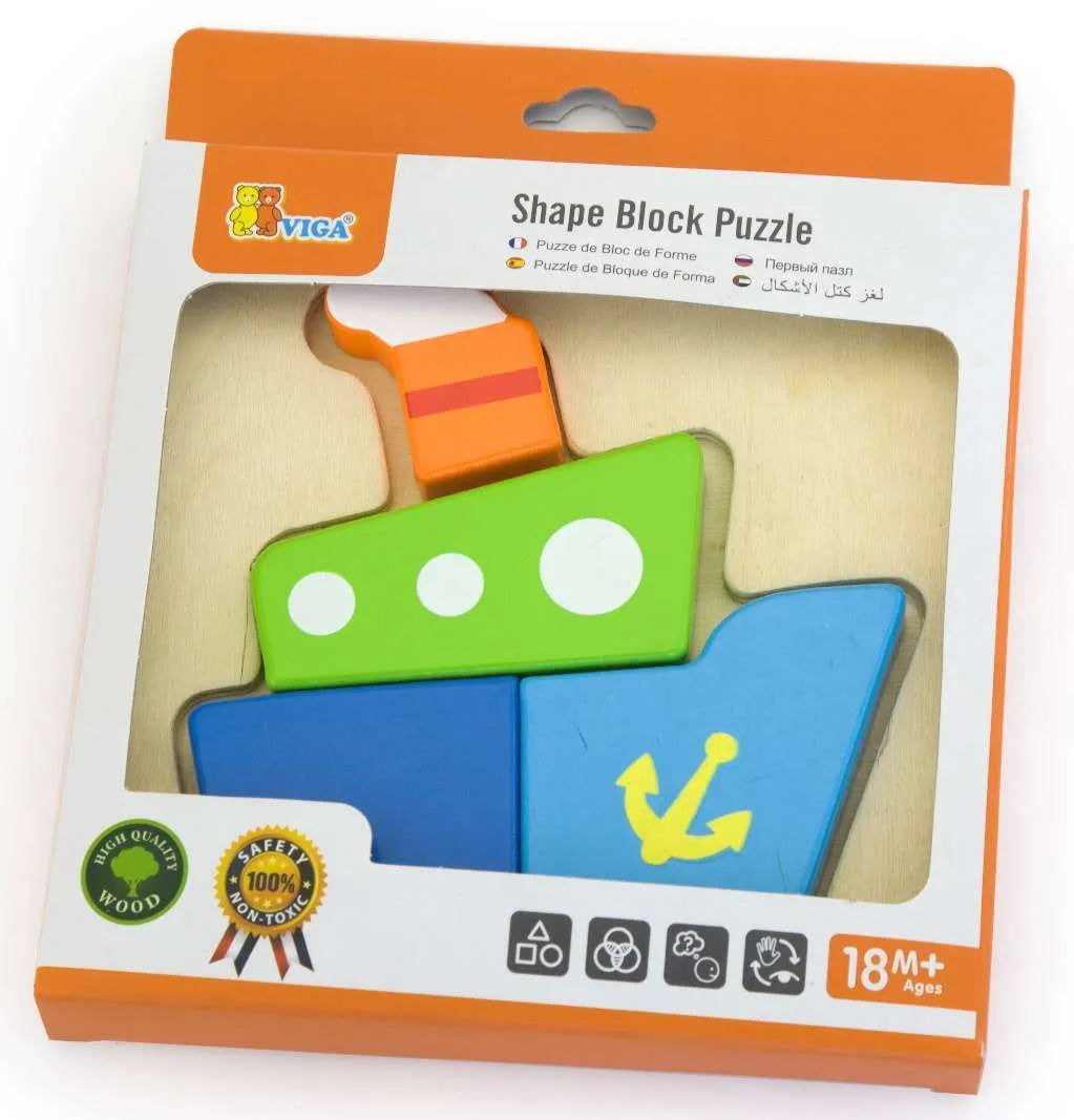 Wooden Shape Block Puzzle Ship | Kids 5-Piece Learning Puzzle Toy 18M+