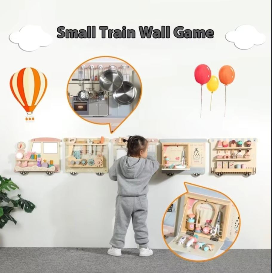 Wooden Sensory Wall Panel Train Activity Busy Board Kids | Montessori STEM Learning Toy