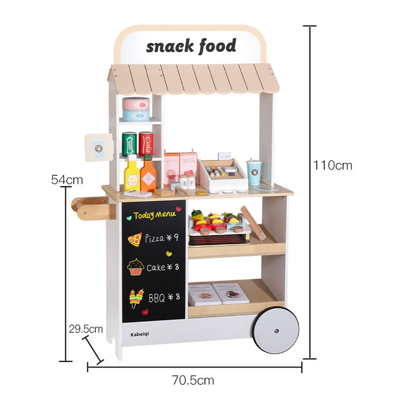 Wooden Snack Food Cart for Kids | Grocery Store Pretend Play Set with Accessories