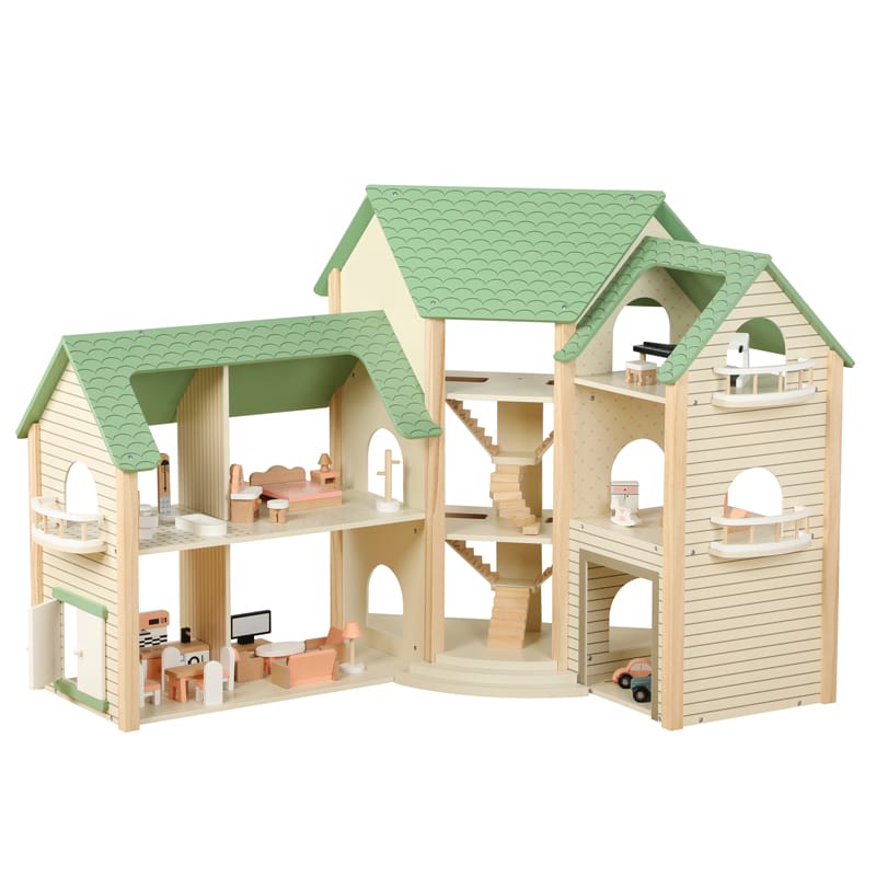 Wooden Doll House 6 Rooms Kids | 36 Accessories Pretend Play Dollhouse Set