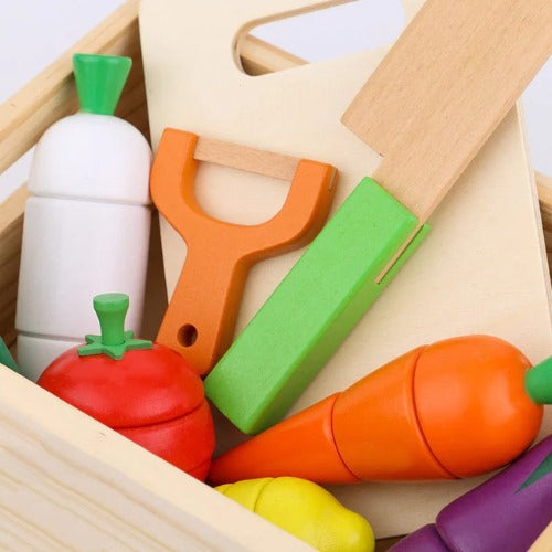 Wooden Vegetable Magnetic Cutouts in Crate | Kids Cutting Food Play Set