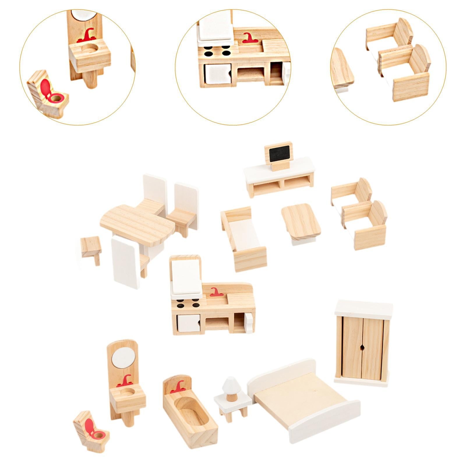 Wooden Dollhouse Furniture Set | Mini Pretend Play Accessories Toy for Kids 3+