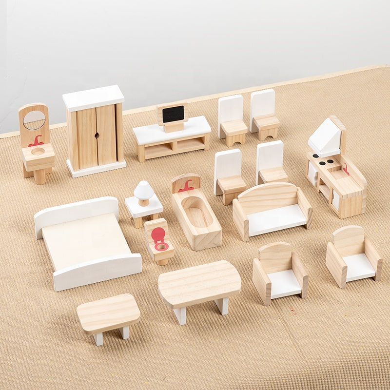 Wooden Dollhouse Furniture Set | Mini Pretend Play Accessories Toy for Kids 3+