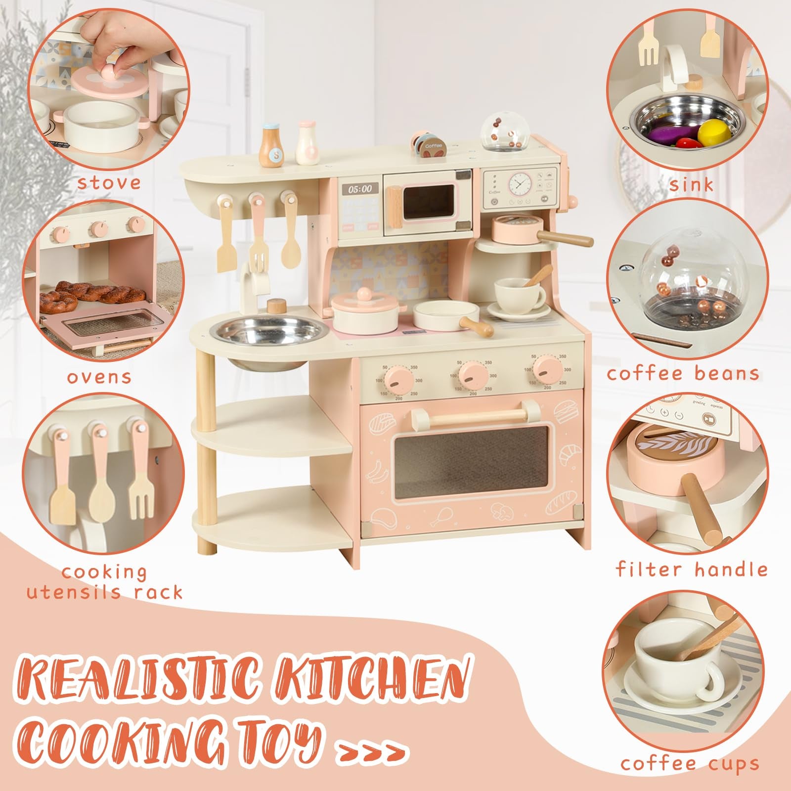 Wooden Coffee Kitchen Playset for Kids | Pretend Play Cooking Toy Set with Accessories
