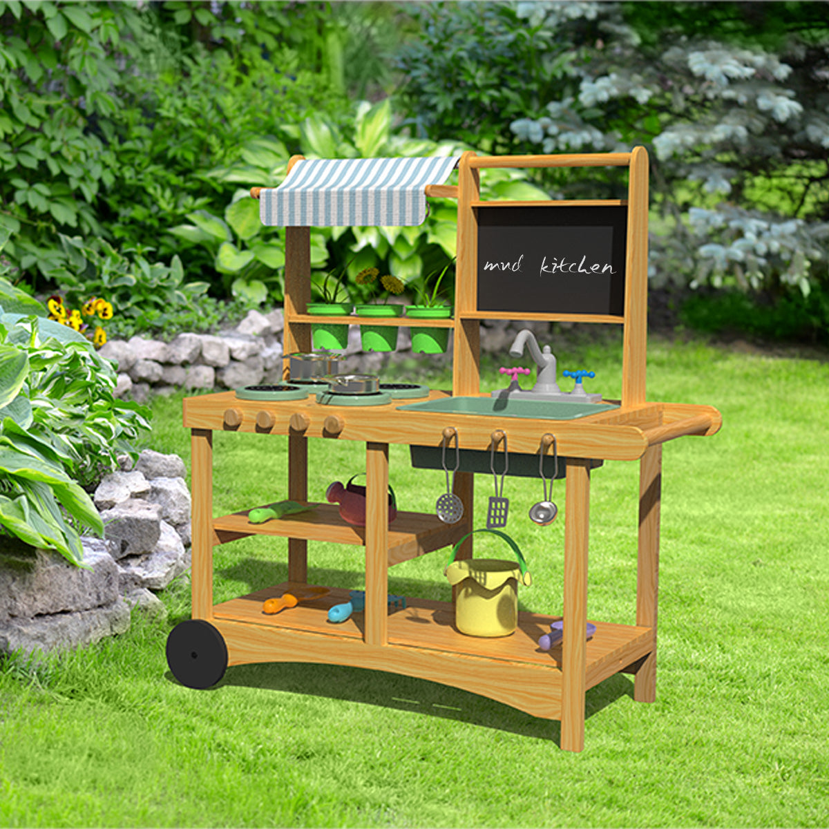 Outdoor Wooden Mud Kitchen for Kids | Pretend Play Cooking Cart Set for Garden & Indoor Use