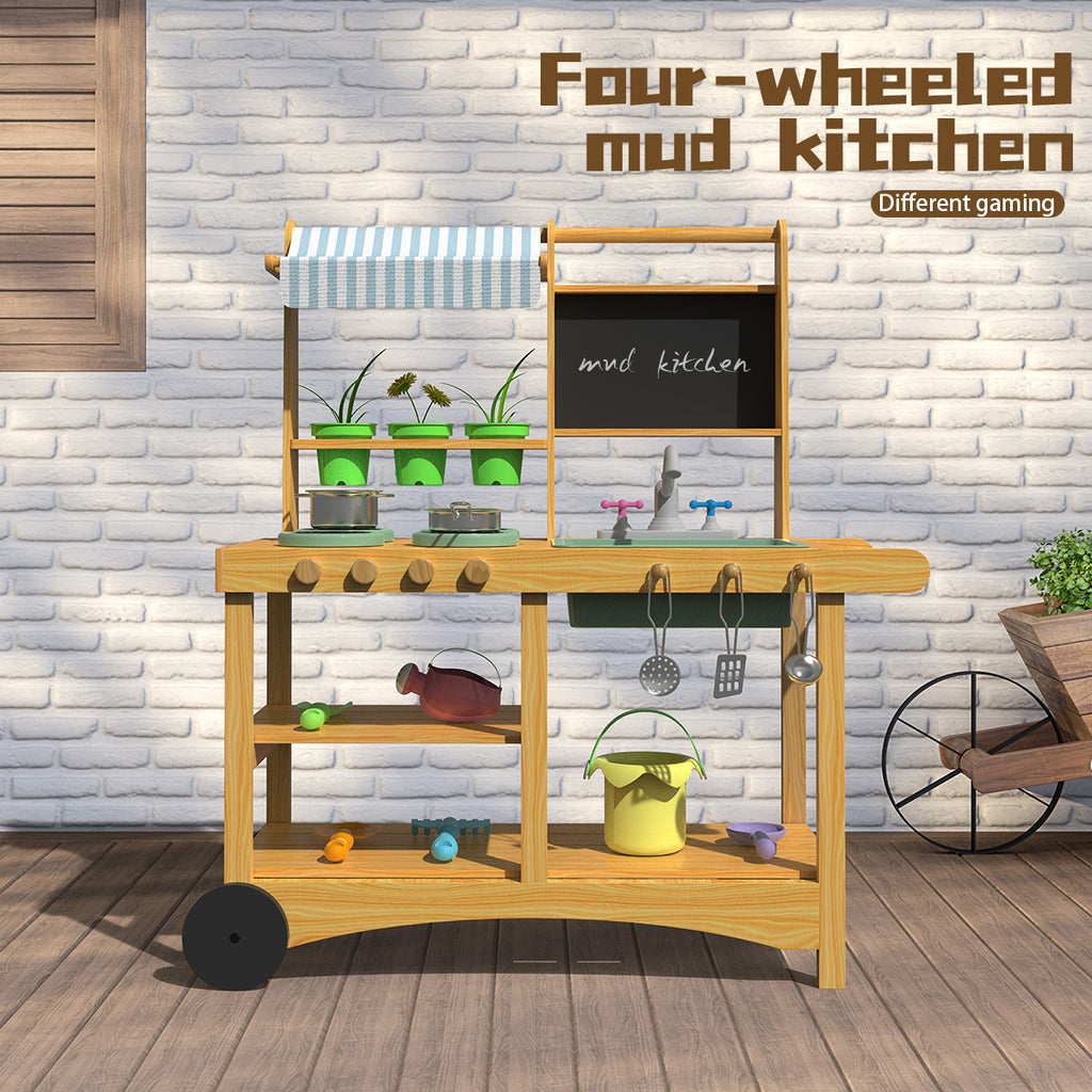 Outdoor Wooden Mud Kitchen for Kids | Pretend Play Cooking Cart Set for Garden & Indoor Use