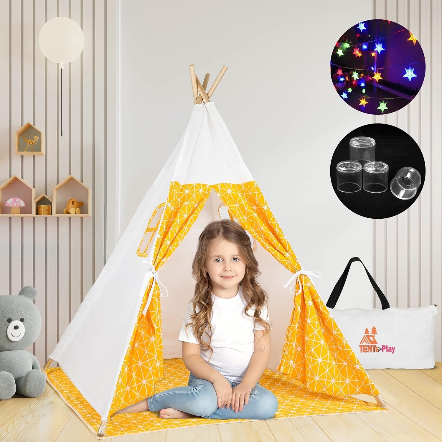 Kids Teepee Tent Indoor & Outdoor | Wooden Playhouse Tent for Kids