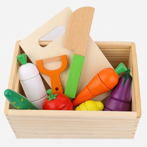 Wooden Vegetable Magnetic Cutouts in Crate | Kids Cutting Food Play Set