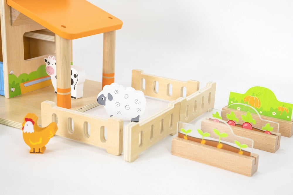 Wooden Farm Playset Kids | Montessori Animal Farm Role Play Toy Set