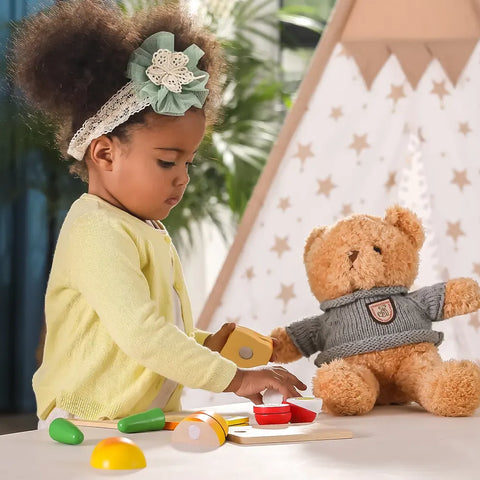 Wooden Cutting Breakfast Set Kids | Montessori Pretend Play Kitchen Food Toy