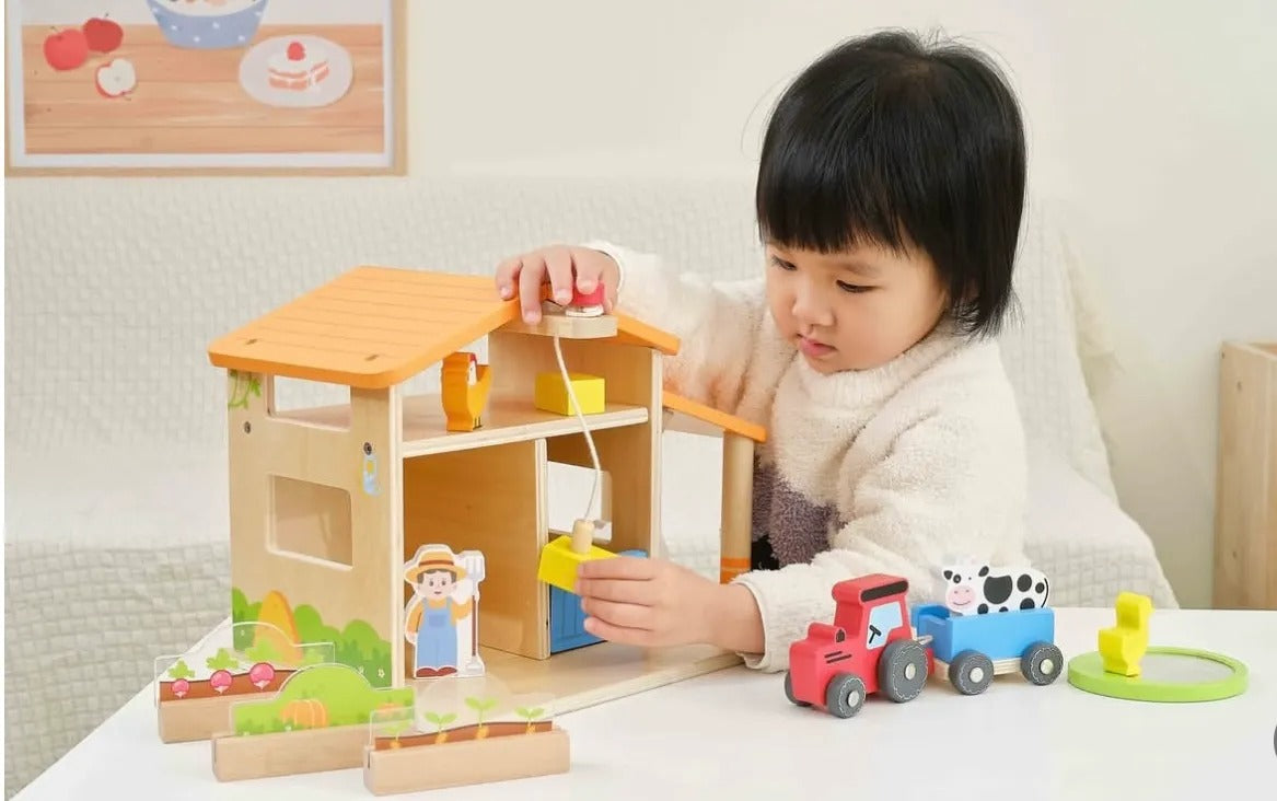 Wooden Farm Playset Kids | Montessori Animal Farm Role Play Toy Set