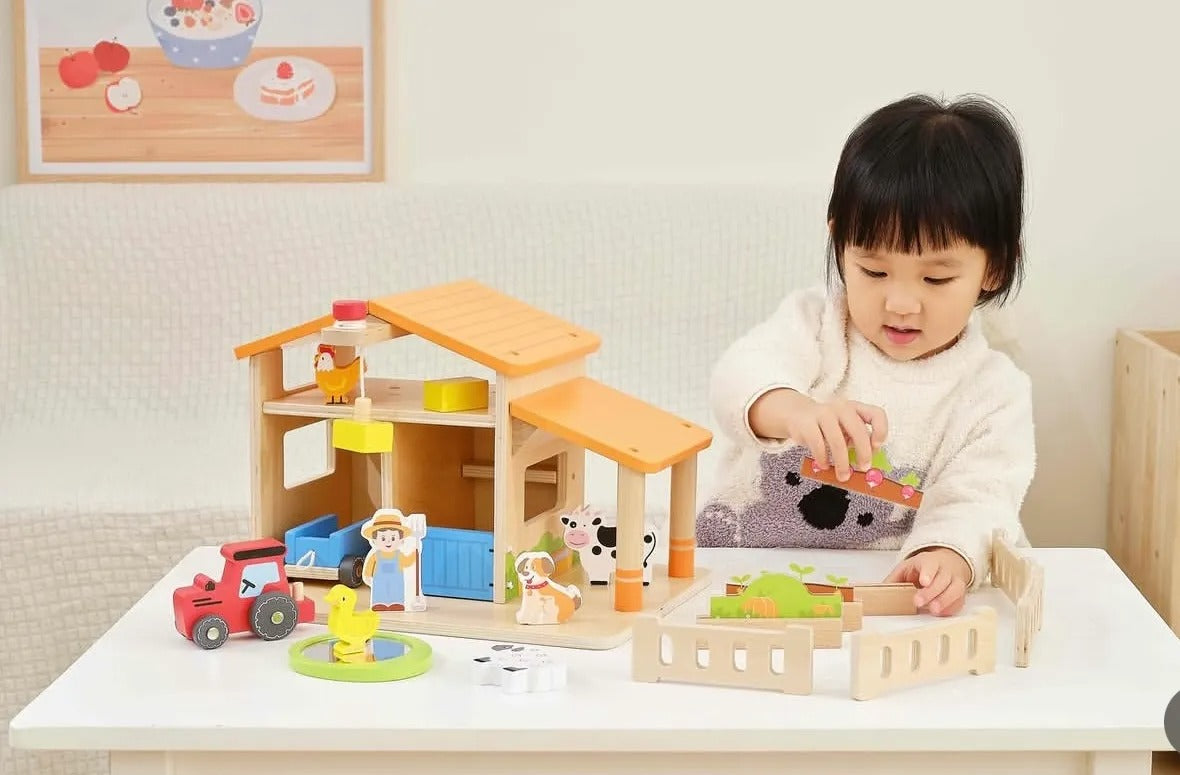 Wooden Farm Playset Kids | Montessori Animal Farm Role Play Toy Set