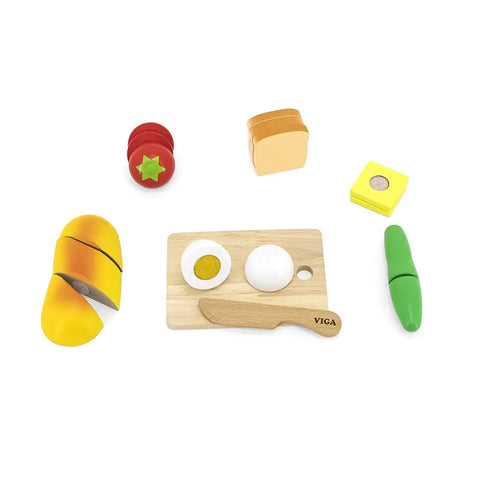 Wooden Cutting Breakfast Set Kids | Montessori Pretend Play Kitchen Food Toy