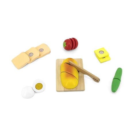 Wooden Cutting Breakfast Set Kids | Montessori Pretend Play Kitchen Food Toy