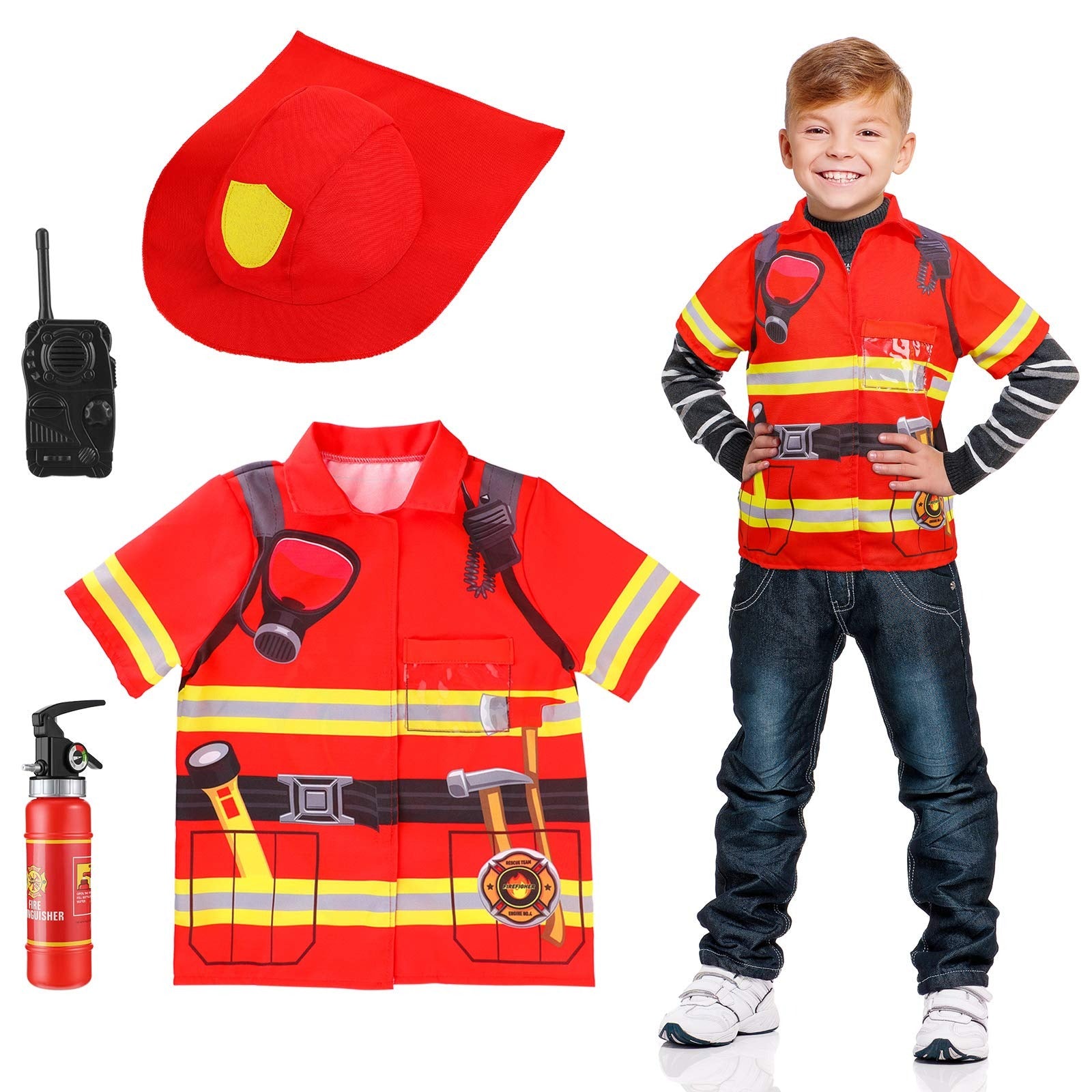 Firefighter Costume Set 8 Pcs | Kids Role Play Fire Rescue Dress Up Kit