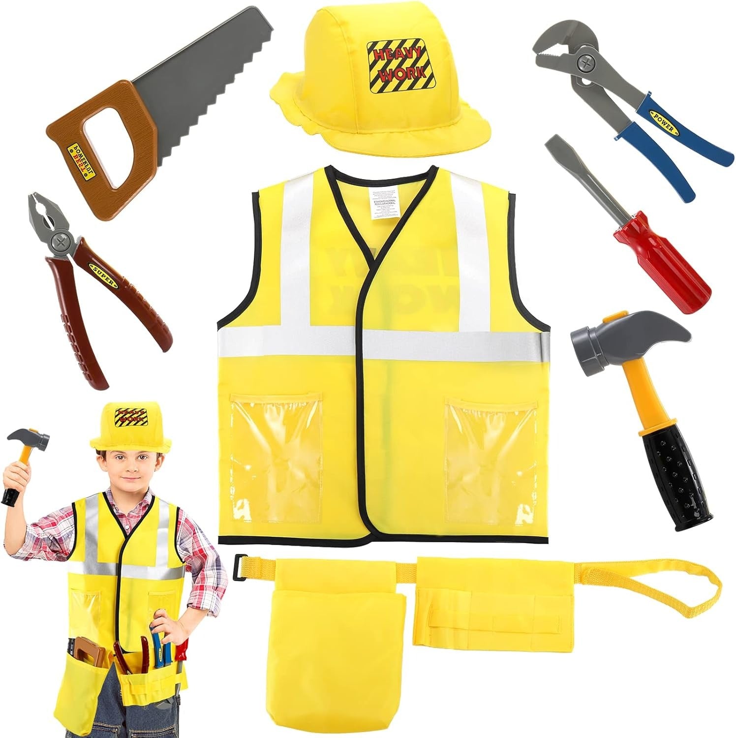 Construction Worker Costume Set for Kids | Engineer Role Play Dress-Up Tool Kit