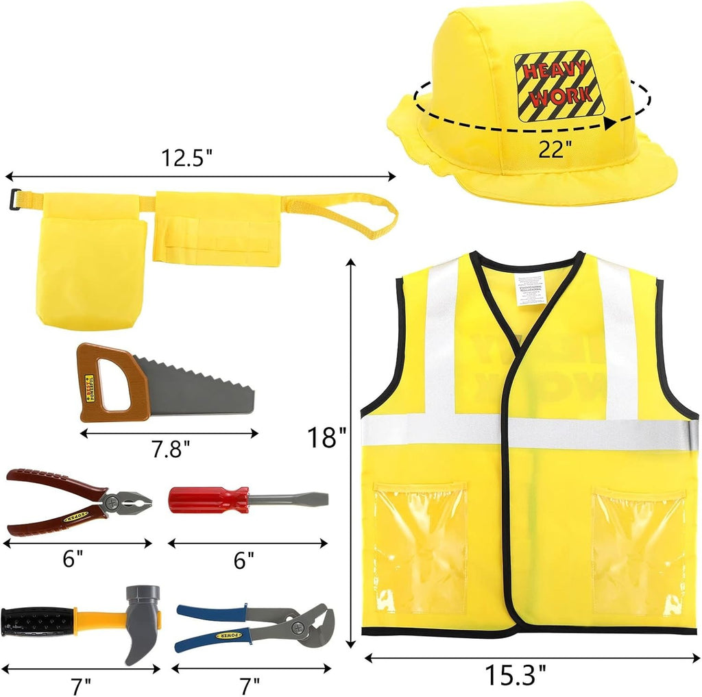 Construction Worker Costume Set for Kids | Engineer Role Play Dress-Up Tool Kit