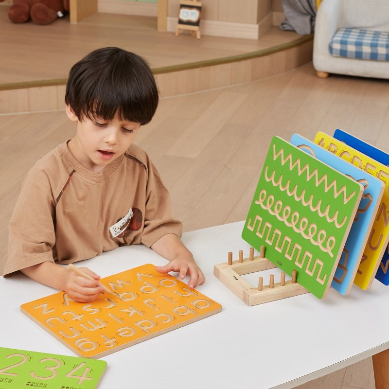 Wooden Writing Puzzles Set with Stand | Montessori Tracing Learning Boards Kids