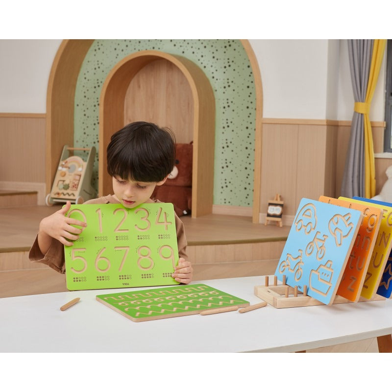 Wooden Writing Puzzles Set with Stand | Montessori Tracing Learning Boards Kids