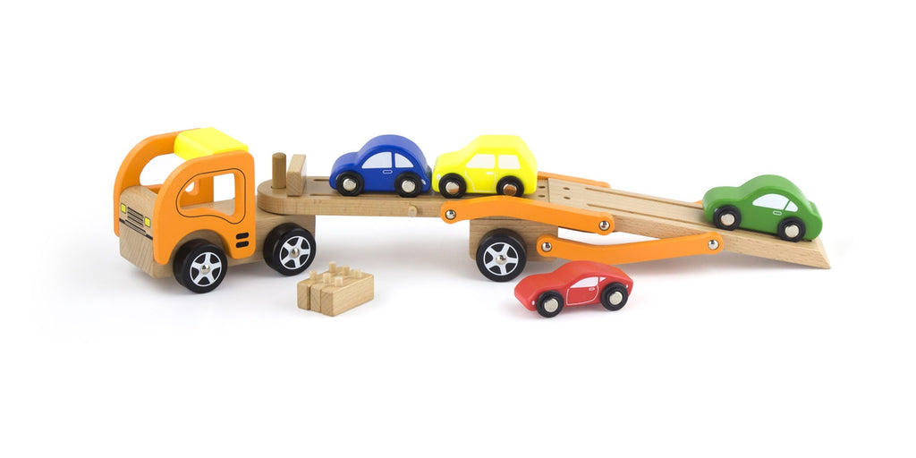 Wooden Car Carrier Truck Set Kids | Semi Trailer Toy with 4 Cars