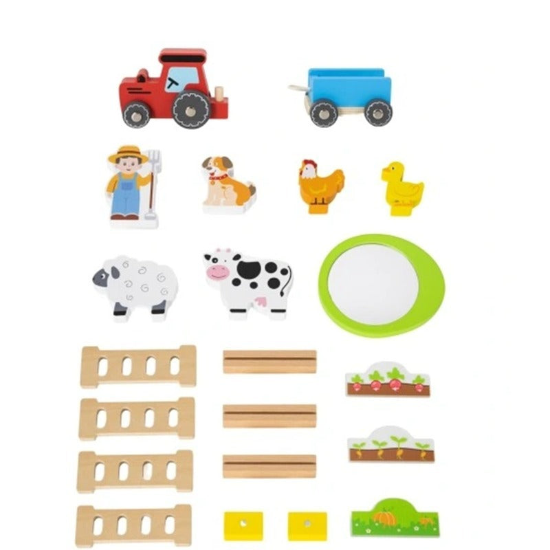 Wooden Farm Playset Kids | Montessori Animal Farm Role Play Toy Set