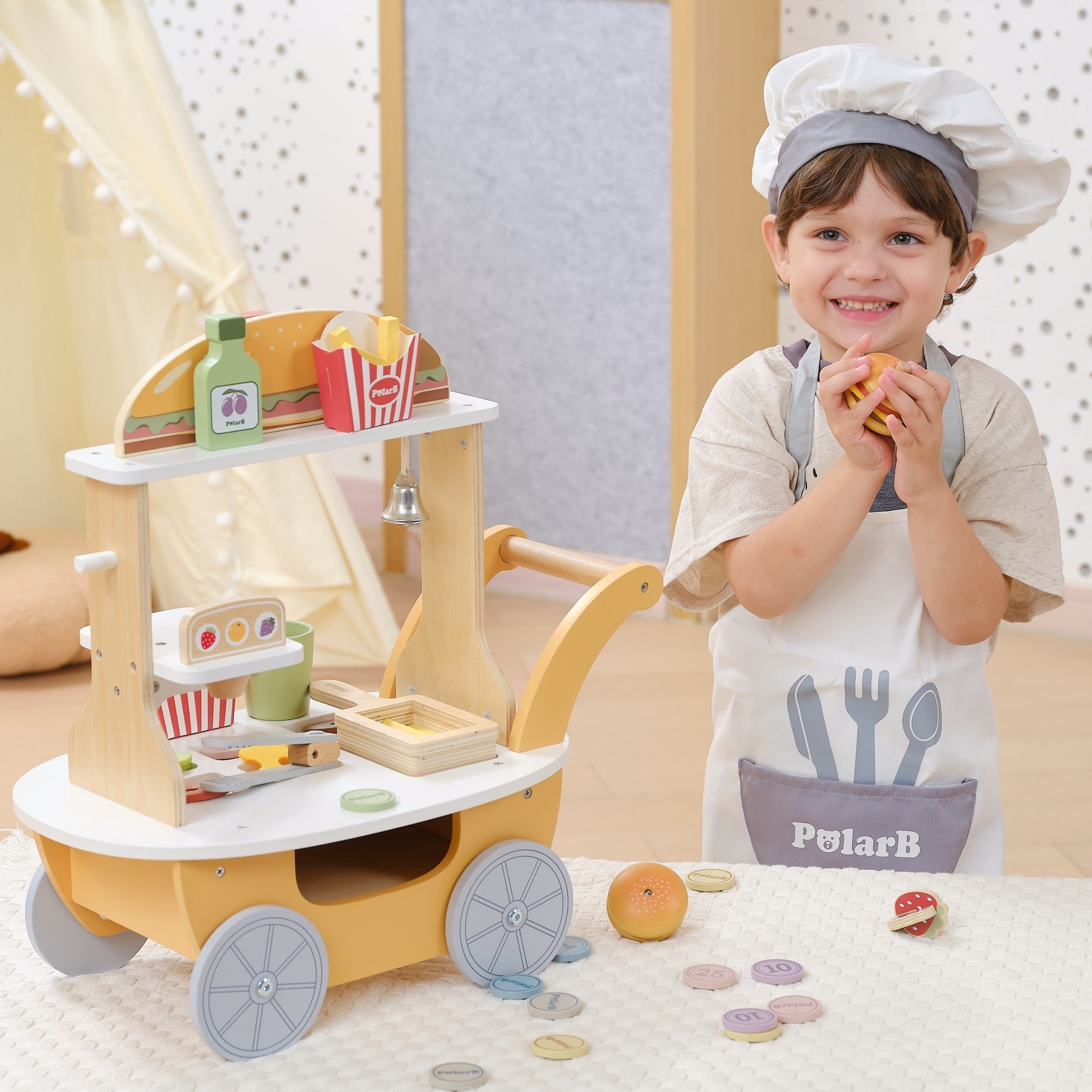Mini Burger Shop Wooden Toy Set | Kids Pretend Play Food Cart Role Play