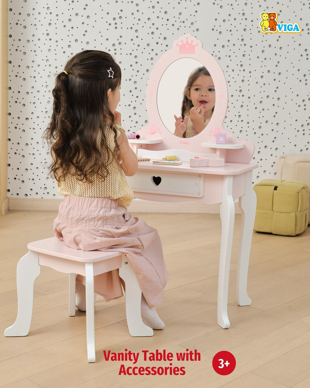 Wooden Dressing Table Set Pink | Princess Pretend Play Vanity Set for Kids