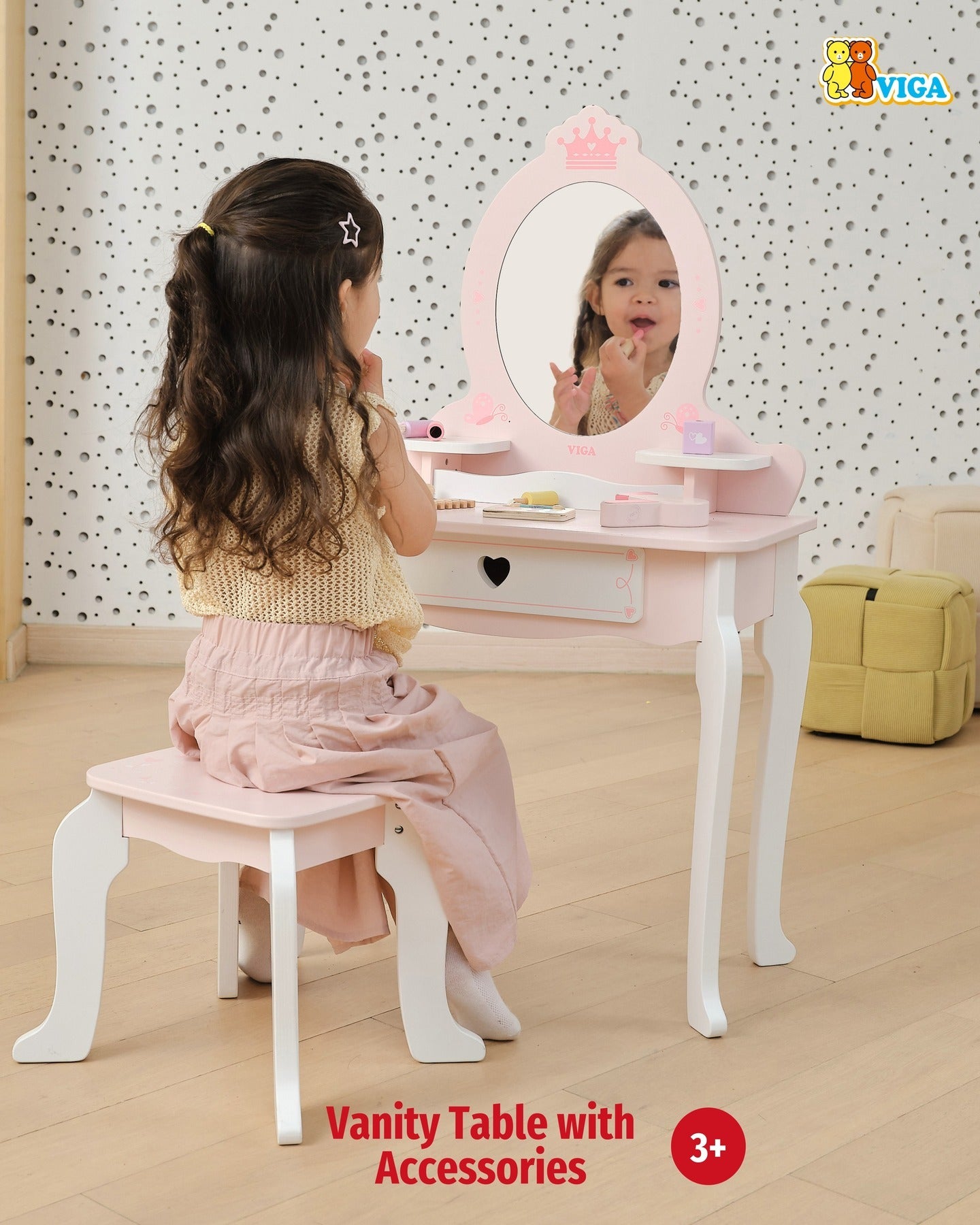 Wooden Dressing Table Set Pink | Princess Pretend Play Vanity Set for Kids