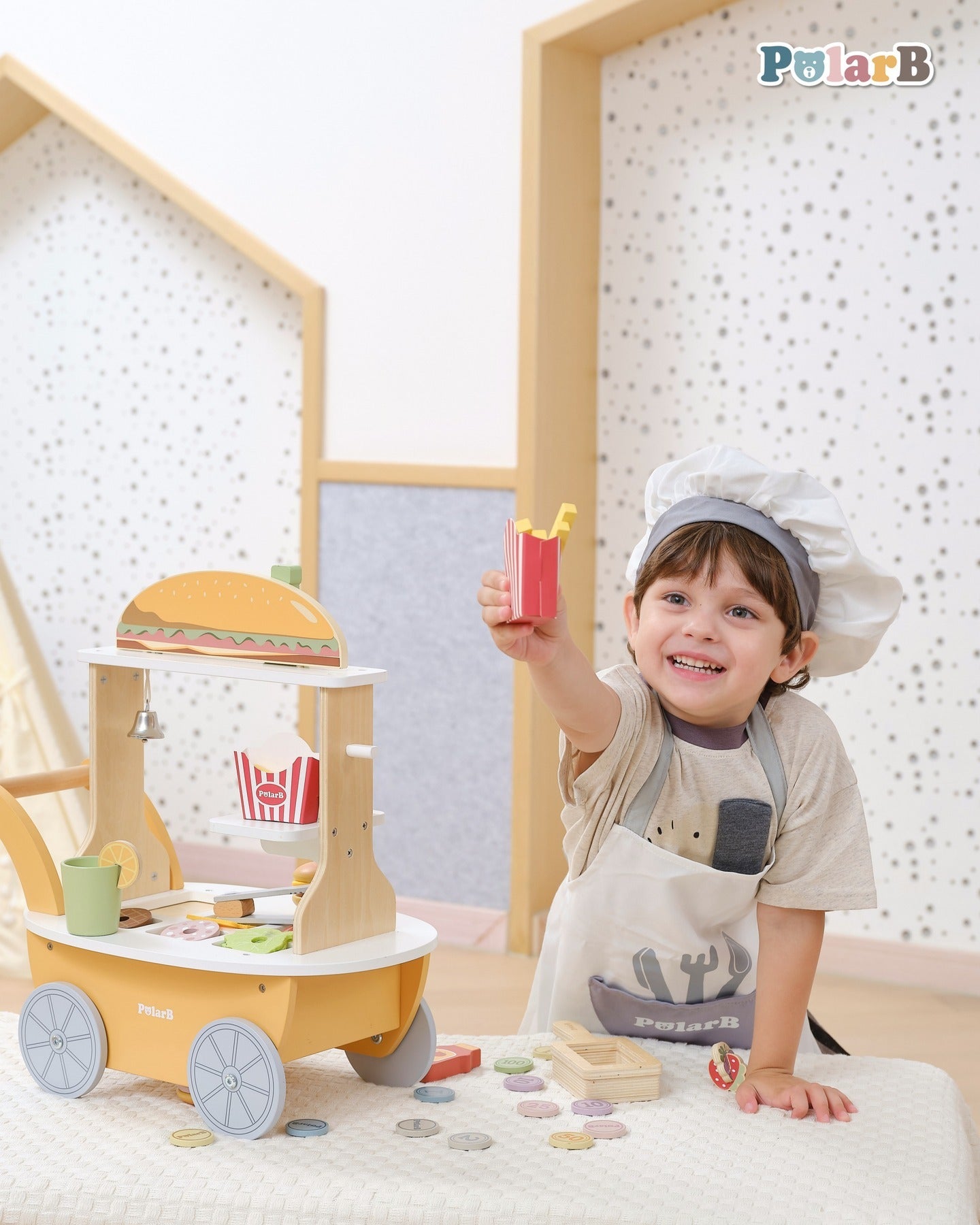 Mini Burger Shop Wooden Toy Set | Kids Pretend Play Food Cart Role Play