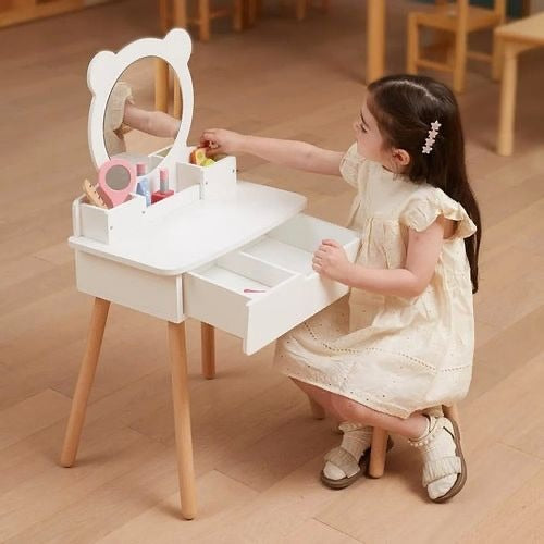 Wooden Kids Dressing Table Set with Stool | Pretend Play Vanity Table