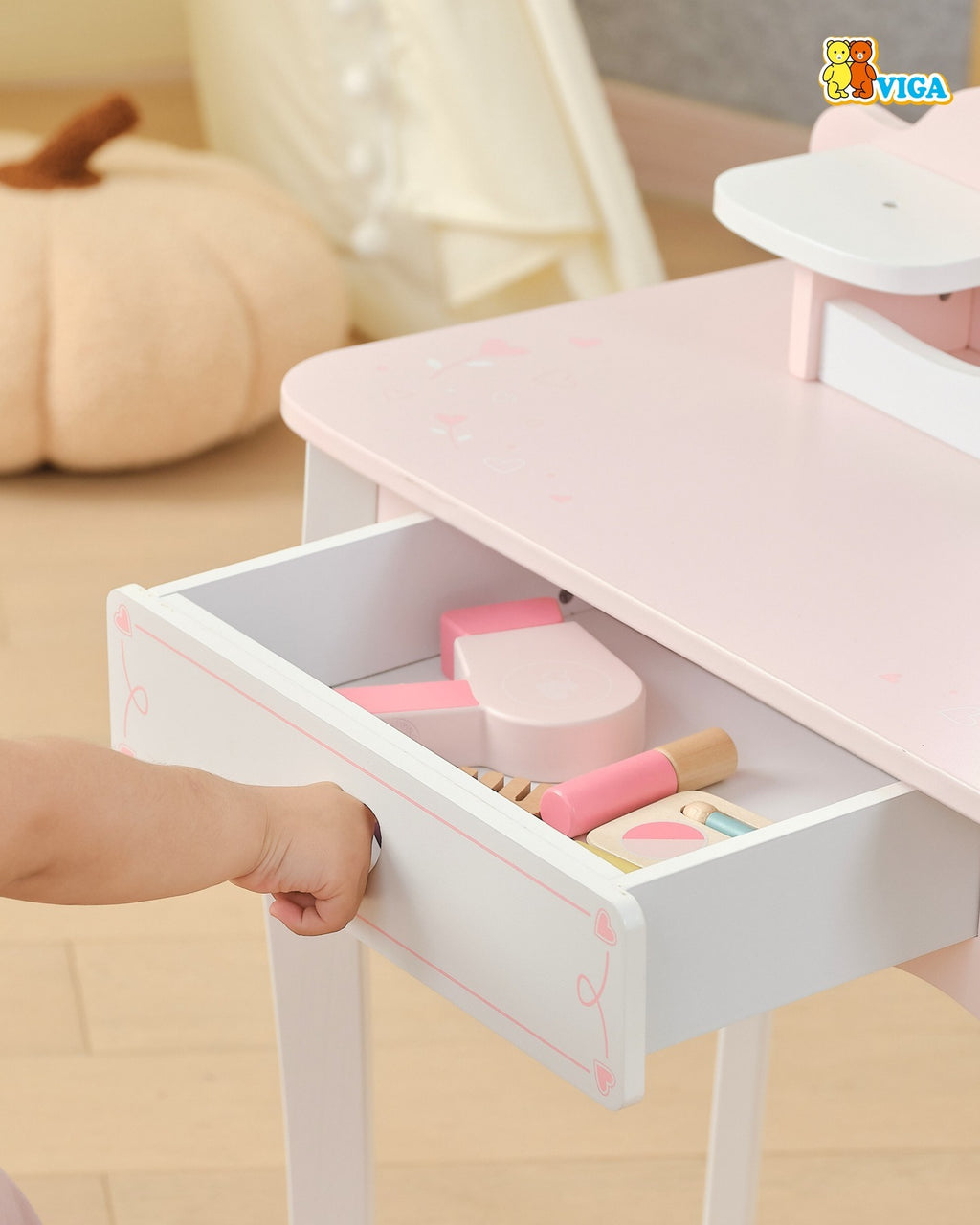 Wooden Dressing Table Set Pink | Princess Pretend Play Vanity Set for Kids