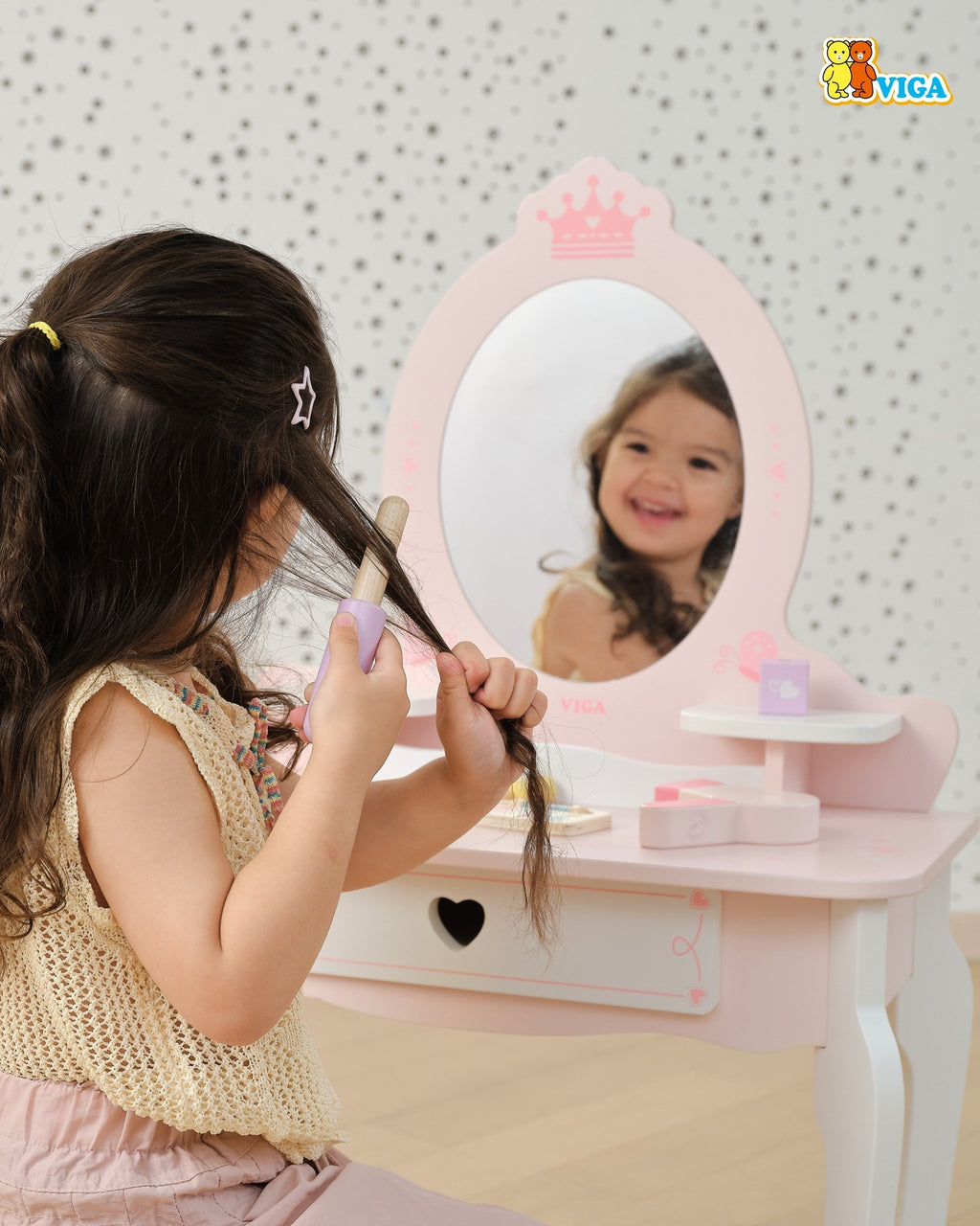 Wooden Dressing Table Set Pink | Princess Pretend Play Vanity Set for Kids