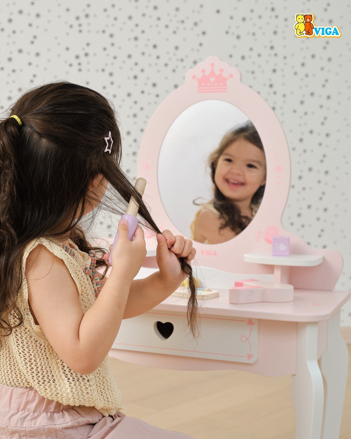 Wooden Dressing Table Set Pink | Princess Pretend Play Vanity Set for Kids