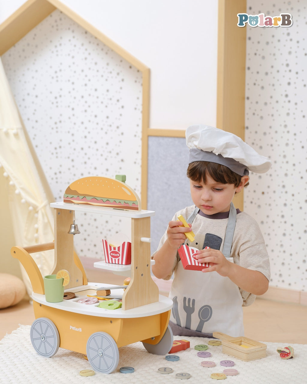 Mini Burger Shop Wooden Toy Set | Kids Pretend Play Food Cart Role Play