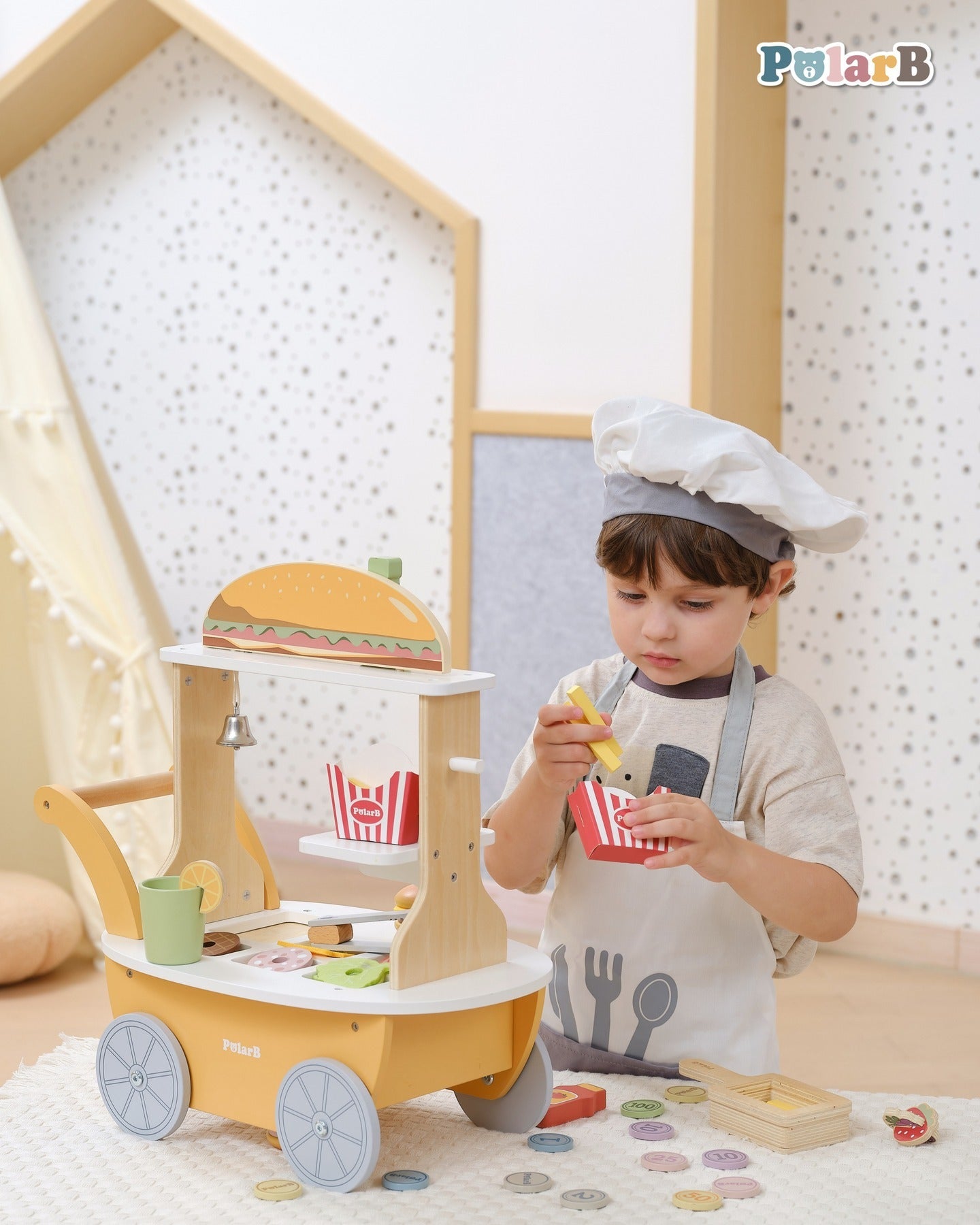 Mini Burger Shop Wooden Toy Set | Kids Pretend Play Food Cart Role Play