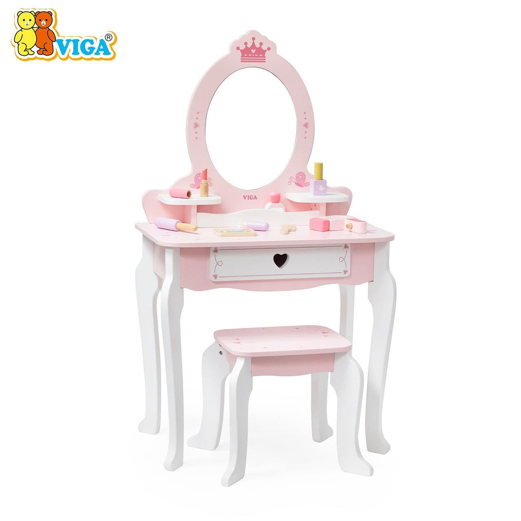 Wooden Dressing Table Set Pink | Princess Pretend Play Vanity Set for Kids