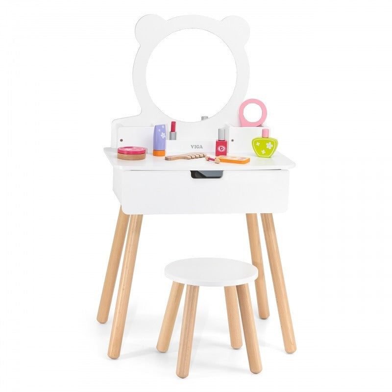 Wooden Kids Dressing Table Set with Stool | Pretend Play Vanity Table