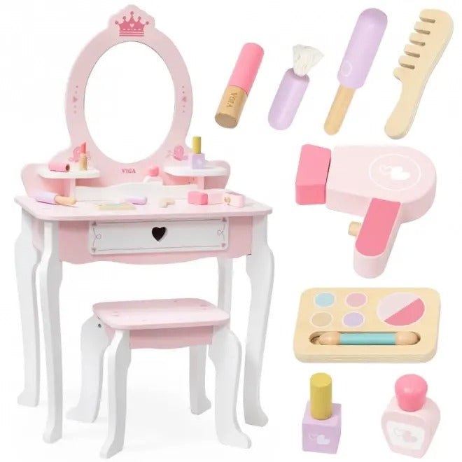 Wooden Dressing Table Set Pink | Princess Pretend Play Vanity Set for Kids